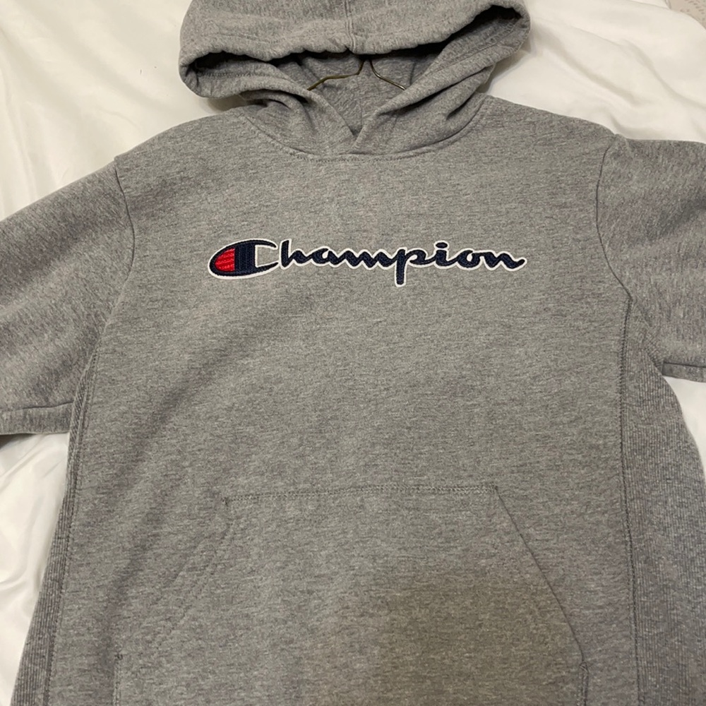Grey champion hoodie sweatshirt.